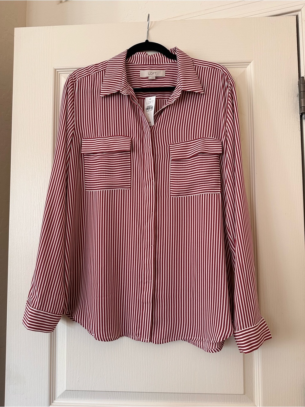 LOFT Red and White Striped Button-Down Shirt